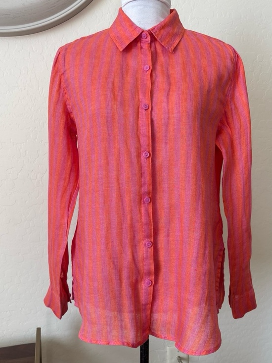 Nicole Miller Tops - Nicole Miller Pink and Orange Striped Button-Up 109% linen Blouse.S